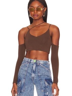 superdown Brown Asymmetrical Cutout Long Sleeve Crop Top